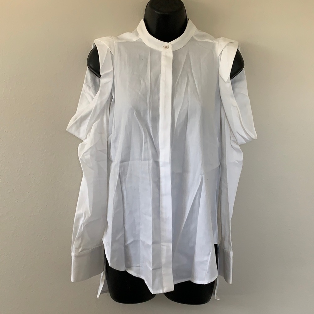 BCBG MaxAzria Nishani Cold Shoulder Bib Collar Button Down Long Sleeve Shirt - Picture 3 of 13